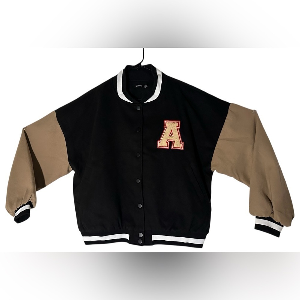 Boohoo Black Varsity Jacket with Red Letter Patch.